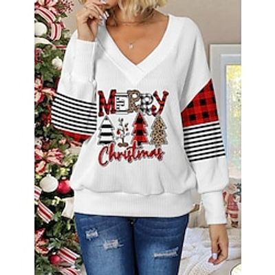 Women's Christmas Sweater V Neck Jumper Crochet Knit Regular Print Tree Stylish Casual Christmas Drop Shoulder Fall Winter Pink Red S M L Lightinthebox
