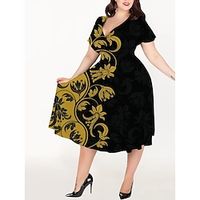 Women's Plus Size Casual Dress A Line Dress Floral Color Block Midi Dress Short Sleeve Print V Neck Elegant Party Yellow Summer Spring L XL XXL 3XL 4XL Lightinthebox - thumbnail