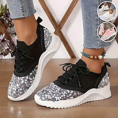 Women's Sneakers Flyknit Shoes Sparkling Shoes Party Outdoor Daily Sequin Flat Heel Fashion Sporty Casual Tissage Volant Lace-up Black White Pink Lightinthebox