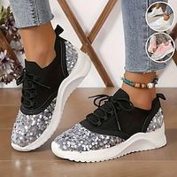Women's Sneakers Flyknit Shoes Sparkling Shoes Party Outdoor Daily Sequin Flat Heel Fashion Sporty Casual Tissage Volant Lace-up Black White Pink Lightinthebox - thumbnail