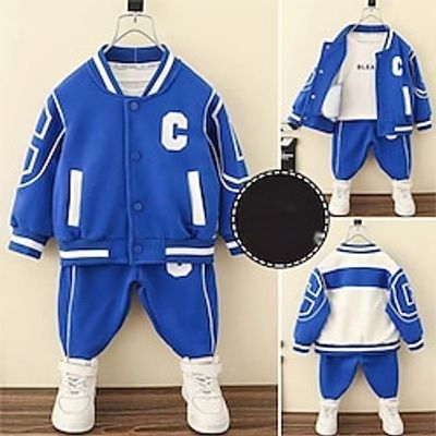 2 Pieces Kids Boys Tracksuits Outfit Solid Color Letter Long Sleeve Pocket Set Sports Daily Spring Fall 7-13 Years Black Blue Lightinthebox