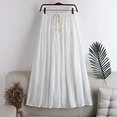 Women's Skirt Swing Midi Linen Pink Beige Gray White Skirts Summer Pleated Drawstring Fashion Long Summer Vacation Casual Daily S M L  Loose Fit Lightinthebox