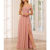A-Line Bridesmaid Dress Off Shoulder Sleeveless Pink Floor Length Chiffon  Lace with Appliques  Split Front 2022 Lightinthebox - thumbnail