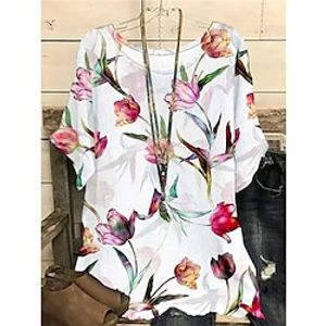 Women's Shirt Blouse White Red Blue Floral Bird Print Short Sleeve Casual Holiday Basic Round Neck Regular Floral S Lightinthebox