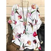 Women's Shirt Blouse White Red Blue Floral Bird Print Short Sleeve Casual Holiday Basic Round Neck Regular Floral S Lightinthebox - thumbnail