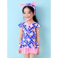 Lovely Bunny Printed Bowknot Fluffy One Piece Swimdress For Girls