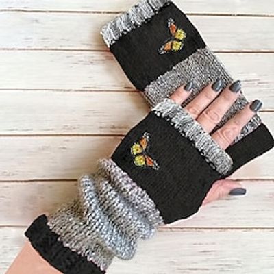 Butterfly Embroidery Knitted Gloves Color Block Fingerless Gloves Thickened Windproof Mittens For Women miniinthebox