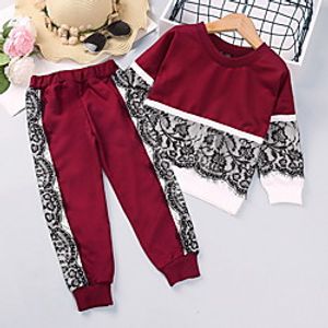 Kids Girls' Sweatshirt  Pants 2 Pieces Long Sleeve Red Solid Color Lace Patchwork Basic 3-8 Years Lightinthebox