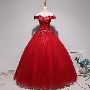 Ball Gown Elegant Floral Quinceanera Prom Dress Off Shoulder Short Sleeve Floor Length Tulle with Pleats Appliques 2021 Lightinthebox