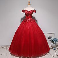 Ball Gown Elegant Floral Quinceanera Prom Dress Off Shoulder Short Sleeve Floor Length Tulle with Pleats Appliques 2021 Lightinthebox - thumbnail