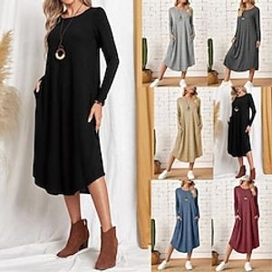 Women's Casual Dress Cotton Dress Midi Dress Cotton Modern Casual Outdoor Daily Vacation Crew Neck Pocket Long Sleeve Summer Spring 2023 Loose Fit Black Wine Blue Plain S M L XL 2XL Lightinthebox