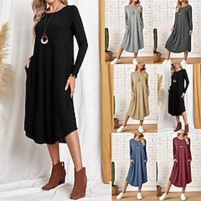 Women's Casual Dress Cotton Dress Midi Dress Cotton Modern Casual Outdoor Daily Vacation Crew Neck Pocket Long Sleeve Summer Spring 2023 Loose Fit Black Wine Blue Plain S M L XL 2XL Lightinthebox