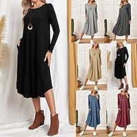 Women's Casual Dress Cotton Dress Midi Dress Cotton Modern Casual Outdoor Daily Vacation Crew Neck Pocket Long Sleeve Summer Spring 2023 Loose Fit Black Wine Blue Plain S M L XL 2XL Lightinthebox - thumbnail