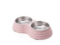 Double Dining Pet Feedrer With Stainless Steel Bowl & Non Slip Rubber Bottom pink For Cats And Dogs - 25.5X14X5cm