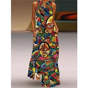 Women's Long Dress Maxi Dress Casual Dress Swing Dress Boho Dress Print Abstract Portrait Casual Modern Outdoor Daily Date Print Sleeveless V Neck Dress Regular Fit Light Yellow Yellow Red Spring miniinthebox