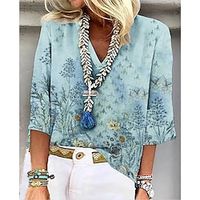 Women's T shirt Tee Red Blue Green Floral Print 34 Length Sleeve Daily Weekend Basic V Neck Regular Floral Painting S Lightinthebox