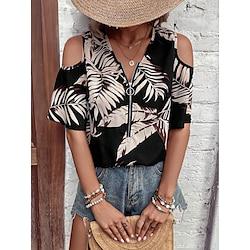 Women's Shirt Blouse Leaves Casual Holiday Black Cut Out Print Quarter Zip Short Sleeve Fashion Streetwear V Neck Regular Fit Summer Lightinthebox