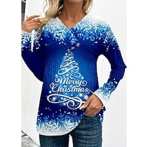 Christmas Shirt Women's T shirt Tee Christmas Tree Snowflake Blue Button Print Long Sleeve Christmas Weekend Festival  Holiday V Neck Regular Fit Spring   Fall Lightinthebox