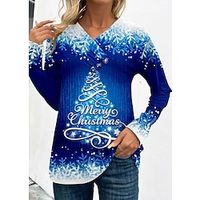 Christmas Shirt Women's T shirt Tee Christmas Tree Snowflake Blue Button Print Long Sleeve Christmas Weekend Festival  Holiday V Neck Regular Fit Spring   Fall Lightinthebox - thumbnail