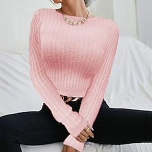 Women's Pullover Sweater Jumper Ribbed Knit Knitted Pure Color Crew Neck Stylish Casual Daily Holiday Fall Winter Black Blue S M L / Long Sleeve miniinthebox