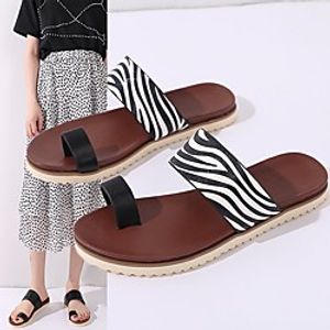 Women's Slippers  Flip-Flops Flat Heel Open Toe PU Color Block Black / White Black Brown miniinthebox