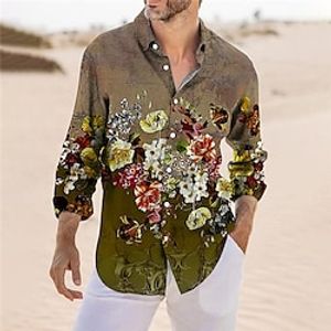 Men's Shirt Floral Graphic Prints Turndown Blue Khaki Gray Outdoor Street Long Sleeve Button-Down Print Clothing Apparel Tropical Fashion Boho Designer Lightinthebox