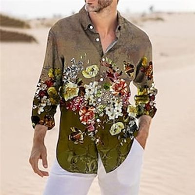 Men's Shirt Floral Graphic Prints Turndown Blue Khaki Gray Outdoor Street Long Sleeve Button-Down Print Clothing Apparel Tropical Fashion Boho Designer Lightinthebox