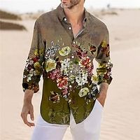 Men's Shirt Floral Graphic Prints Turndown Blue Khaki Gray Outdoor Street Long Sleeve Button-Down Print Clothing Apparel Tropical Fashion Boho Designer Lightinthebox - thumbnail