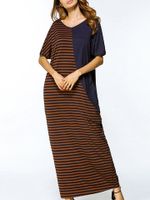 Casual Women Stripe Patchwork Short Sleeve Long Maxi Dresses