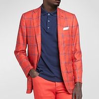 Men's Blazer Business Cocktail Party Wedding Party Fashion Casual Spring   Fall Polyester Plaid Button Pocket Comfortable Single Breasted Blazer Red Lightinthebox - thumbnail