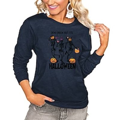 Women's T shirt Tee Yellow Navy Blue Blue Graphic Skull Print Long Sleeve Halloween Casual Halloween Round Neck Regular Cotton S miniinthebox