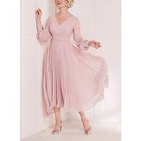 A-Line Mother of the Bride Dress Formal Wedding Guest Elegant Scoop Neck V Neck Tea Length Chiffon Long Sleeve with Crystals Ruching Solid Color 2023 Lightinthebox - thumbnail