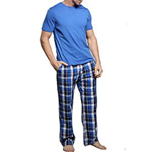 Men's Elastic Waistband Plaid Cotton Loungewear Suits T shirt Pant Scoop Neck Home S Blue  2 Pieces  2 Pieces  Short Sleeve Lightinthebox