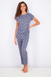 Womens Round Neck Floral Print Short Sleeve & Pants Sleepwear Set  Navy