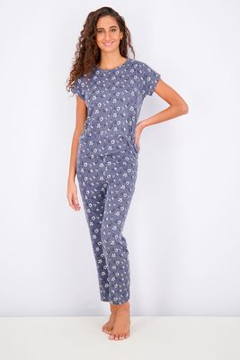 Womens Round Neck Floral Print Short Sleeve & Pants Sleepwear Set  Navy