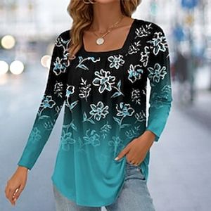 Women's T shirt Tee Floral Pink Blue Purple Print Long Sleeve Casual Holiday Fashion Square Neck Regular Fit Spring   Fall Lightinthebox