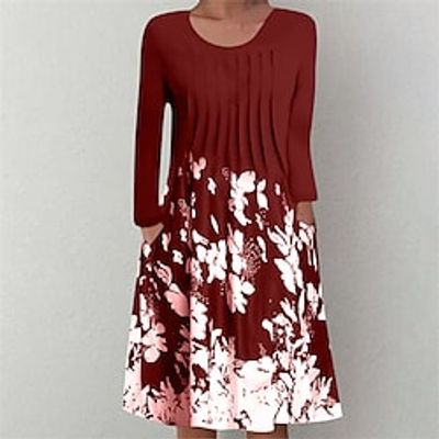 Women's Casual Dress Shift Dress Purple Wine Long Sleeve Floral Pocket Winter Fall Autumn Crew Neck Modern Winter Dress Weekend Fall Dress Loose Fit 2022 S M L XL XXL Lightinthebox