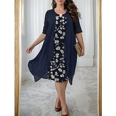 Women's Plus Size Prom Dress Party Dress Cocktail Dress Midi Dress Blue Half Sleeve Floral Patchwork Spring Fall Winter Crew Neck Fashion Wedding Guest Fall Dress 2023 L XL XXL 3XL 4XL 5XL Lightinthebox