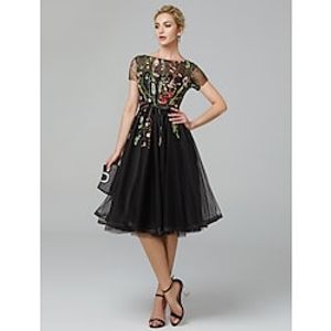 A-Line Elegant Floral Engagement Formal Evening Dress Illusion Neck Short Sleeve Knee Length Lace with Pleats Appliques 2022 miniinthebox