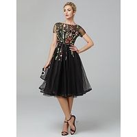 A-Line Elegant Floral Engagement Formal Evening Dress Illusion Neck Short Sleeve Knee Length Lace with Pleats Appliques 2022 miniinthebox - thumbnail