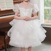 Kids Girls' Party Dress Solid Color Sequin Short Sleeve Wedding Special Occasion Mesh Zipper Tie Knot Adorable Sweet Cotton Polyester Knee-length Party Dress Summer Spring Fall 4-12 Years White Lightinthebox