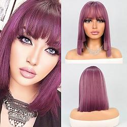 Cosplay Costume Wig Synthetic Wig Straight Natural Straight Bob Neat Bang Machine Made Wig 12 inch Silver Purple Synthetic Hair Women's Mixed Color Lightinthebox