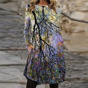 Women's Shift Dress Knee Length Dress Green Purple Yellow Long Sleeve Print Pocket Print Fall Winter Crew Neck Casual Vacation 2022 S M L XL XXL 3XL miniinthebox