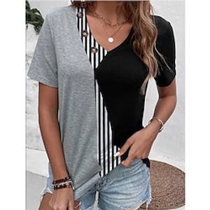 Women's T shirt Tee Gray Color Block Striped Patchwork Print Short Sleeve Casual Daily Basic V Neck Regular Loose Fit S miniinthebox