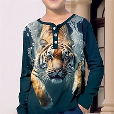Boys 3D Tiger Henley Shirt Long Sleeve 3D Print Spring Fall Sports Fashion Streetwear Polyester Kids 3-12 Years Crew Neck Outdoor Casual Daily Regular Fit Lightinthebox