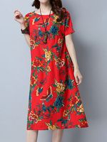 Women Short Sleeve Floral Printed O-neck Vintage Dresses