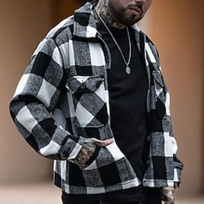 Men's Lightweight Jacket Shirt Jacket Shacket Outdoor Daily Wear Warm Pocket Fall Winter Plaid Fashion Streetwear Lapel Regular Black Jacket Lightinthebox