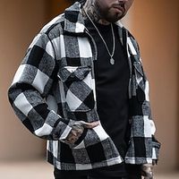 Men's Lightweight Jacket Shirt Jacket Shacket Outdoor Daily Wear Warm Pocket Fall Winter Plaid Fashion Streetwear Lapel Regular Black Jacket Lightinthebox - thumbnail