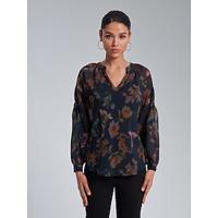 Print Long Sleeve V-Neck Peasant Blouse - thumbnail