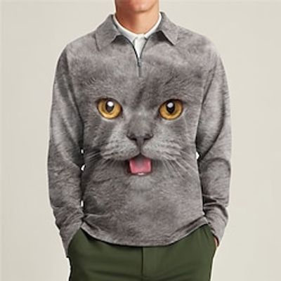 Men's Polo Shirt Golf Shirt Zip Polo Animal Cat Graphic Prints Turndown Gray Outdoor Street Long Sleeve Zipper Print Clothing Apparel Fashion Streetwear Designer Soft Lightinthebox